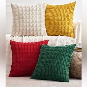 Cozy Ribbed Corduroy Holiday Pillow Cover Set - Red, Green, Yellow, Cream 18x18